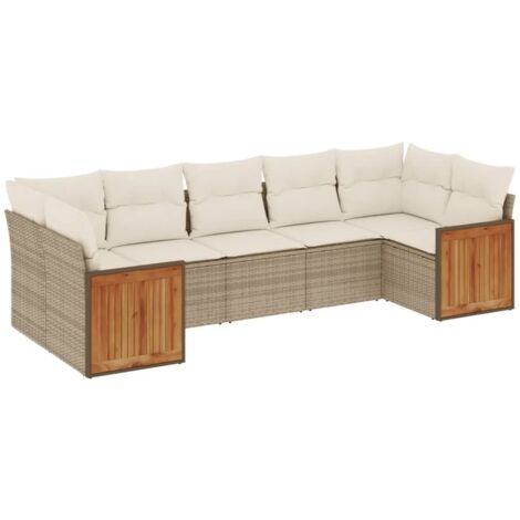 7-teiliges Gartenmöbelset mit Kissen, beige, geflochtene Rattan-Optik