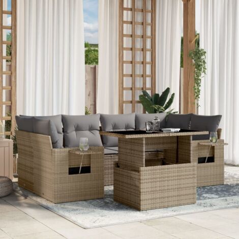7-teiliges Gartenmöbelset mit Kissen beige geflochtenes Kunstharz