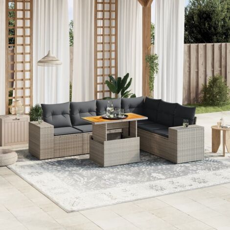 7-teiliges Gartenmöbelset mit Kissen in Grau aus Geflecht