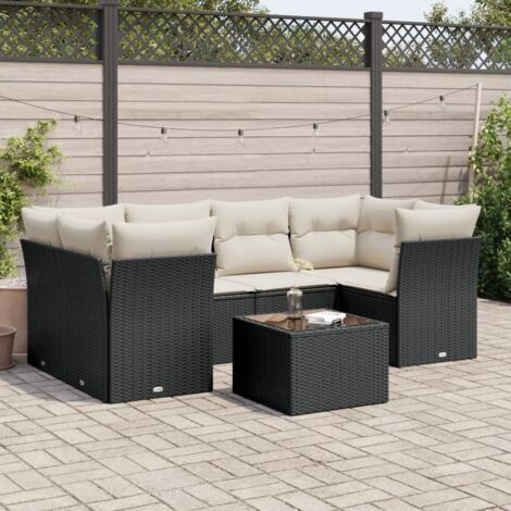 7-teiliges Gartenmöbelset mit Kissen in Schwarz aus geflochtener Kunstfaser