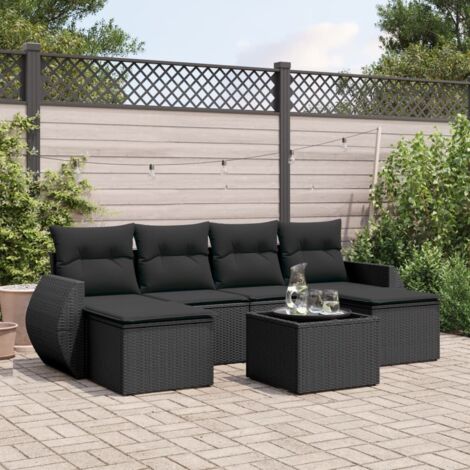 7-teiliges Gartenmöbelset mit Kissen Schwarz Geflecht