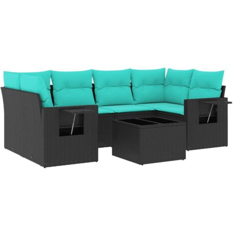 7-teiliges Gartensofa-Set mit Kissen, schwarzes Polyrattan vidaXL