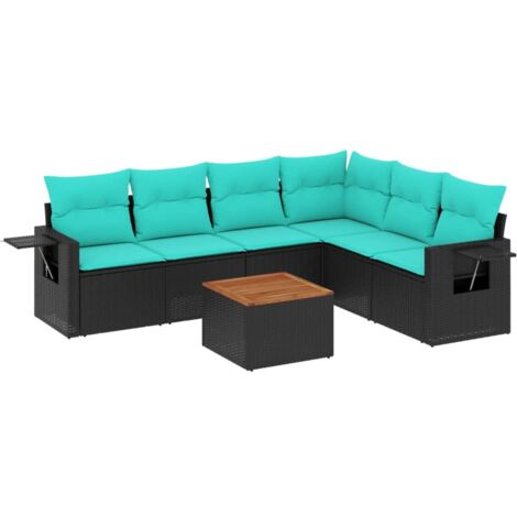 7-teiliges Gartensofa-Set mit Kissen, schwarzes Polyrattan vidaXL