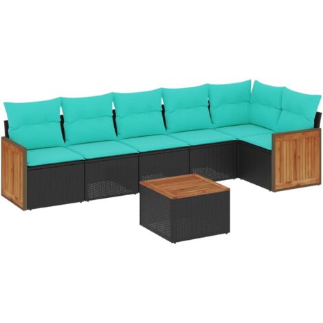 7-teiliges Gartensofa-Set mit Kissen, schwarzes Polyrattan vidaXL