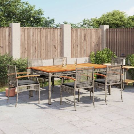 7-teiliges Gartentisch- und Stuhlset mit Kissen in Grau aus Rattan