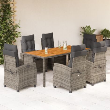 7-teiliges Gartessenset mit Kissen in Grau aus Rattan