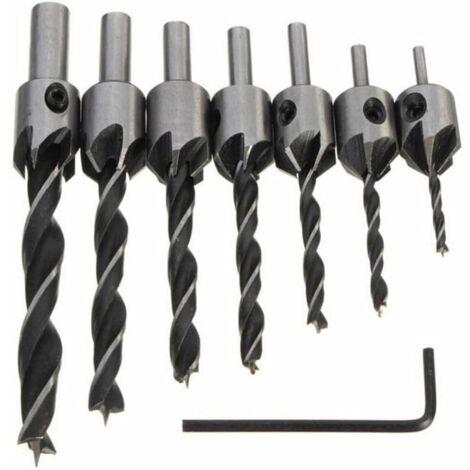 7-teiliges HSS-5-Fräser-Bohrer-Set für Holzfasen (3–10 mm), silbergrau