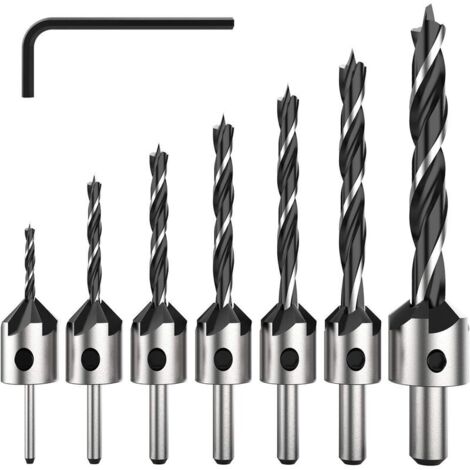 7-teiliges HSS-Bohrerset mit 5 Schneiden für Holzschrauben, Anfasbohrer für Schrauben verschiedener Längen durch einfaches Lösen und Festziehen der Schraube, Werkzeugset 3-6 mm.