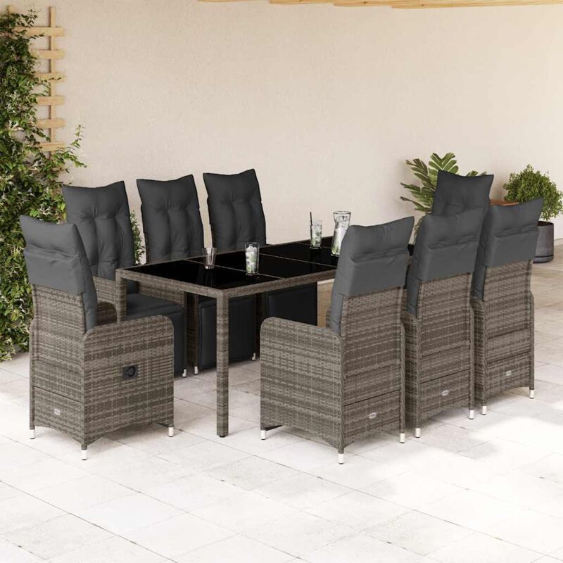 9-tlg. Garten-bistro-set Mit Kissen Grau Poly Rattan Vidaxl