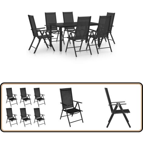 7-tlg. Garten-Essgruppe Aluminium Schwarz - Gartenmöbel - Essgruppe - Outdoortisch - Alu-Tisch - Stahlrohrstuhl