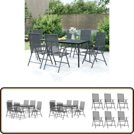 7-tlg. Garten-Essgruppe Anthrazit Stahl - Gartenmöbel - Essgruppen - Gartentisch - Gartenstühle - Balkonmöbel