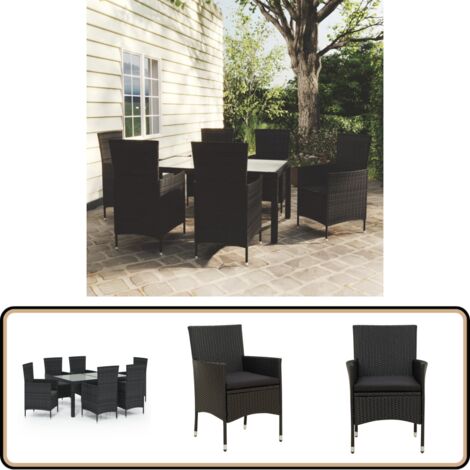 7-tlg. Garten-Essgruppe mit Auflagen Poly Rattan Schwarz - Gartengarnitur - Outdoor-Sitzecke - Gartenmöbel Set - Rattan Gartenmöbel - Esstisch