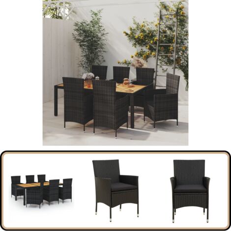 7-tlg. Garten-Essgruppe mit Auflagen Poly Rattan Schwarz - Gartengarnituren - Gartenmöbel - Esstisch - Gartensessel - Rattanmöbel