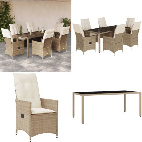 7-tlg. Garten-Essgruppe mit Kissen Beige Poly Rattan - Gartenset - Outdoor Möbel - Esstisch - Gartenstühle - Lounge Set - Home & Living