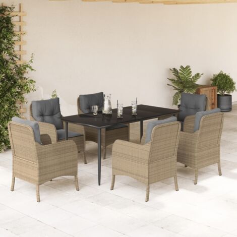 7-tlg. Garten-Essgruppe mit Kissen Beige Poly Rattan vidaXL