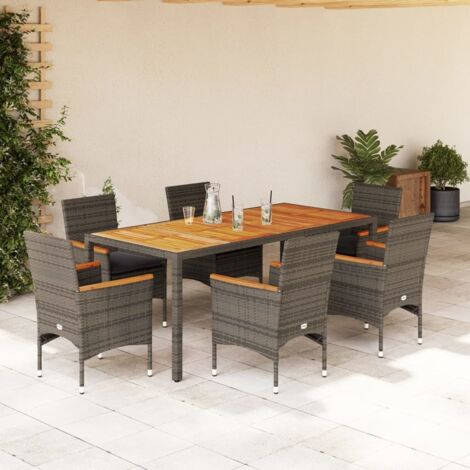 7-tlg. Garten-Essgruppe mit Kissen Grau Poly Rattan Akazie vidaXL