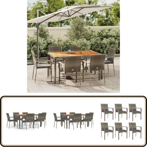 7-tlg. Garten-Essgruppe mit Kissen Grau Poly Rattan - Gartenmöbel - Essgruppe - Gartentisch - Gartenstühle - PE-Rattan