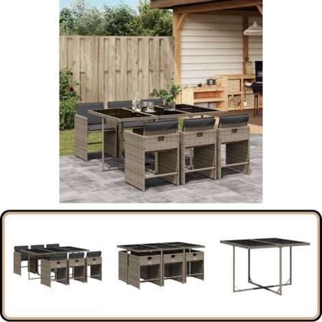 7-tlg. Garten-Essgruppe mit Kissen Grau Poly Rattan - Gartentisch - Esstisch - Gartenmöbel - Outdoor Möbel - Terrassenmöbel