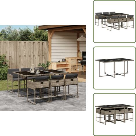 7-tlg. Garten-Essgruppe mit Kissen Grau Poly Rattan - Gartentisch - Esstisch - Gartenmöbel Set - Outdoor Möbel - Terrassenmöbel