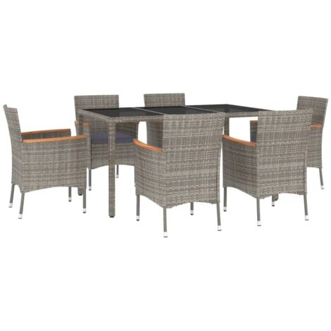 7-tlg. Garten-Essgruppe mit Kissen Grau Poly Rattan vidaXL
