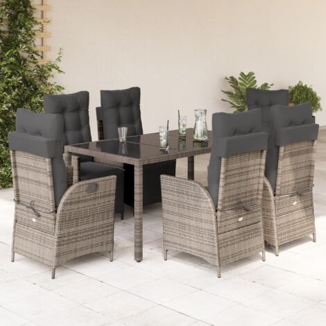 7-tlg. Garten-Essgruppe mit Kissen Grau Poly Rattan vidaXL