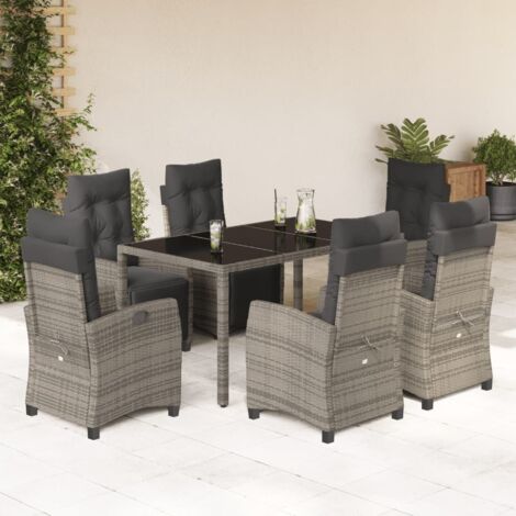 7-tlg. Garten-Essgruppe mit Kissen Grau Poly Rattan vidaXL