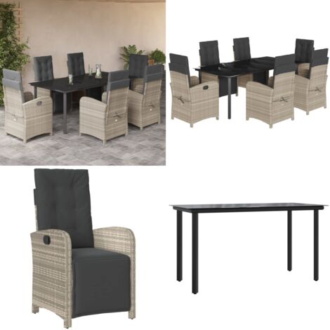 7-tlg. Garten-Essgruppe mit Kissen Hellgrau Poly Rattan - Gartenessgruppe - Gartentisch