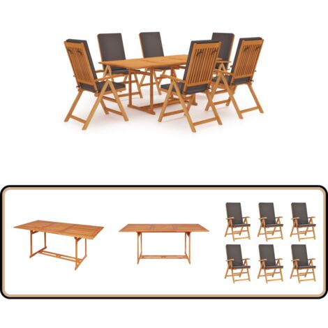 7-tlg. Garten-Essgruppe mit Kissen Massivholz Teak Grau - Holztisch - Esszimmergarnitur - Gartentisch - Gartenstuhl - Teekmöbel