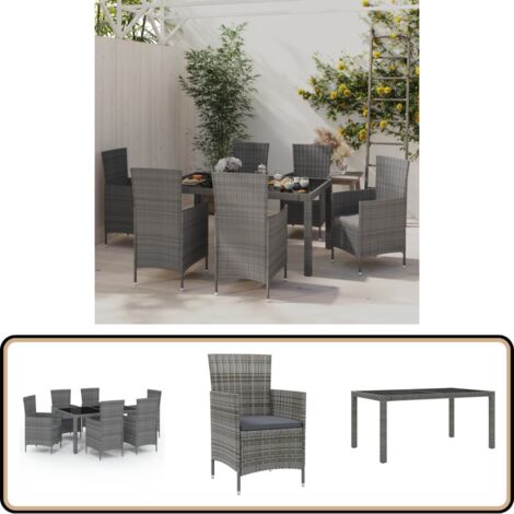 7-tlg. Garten-Essgruppe mit Kissen Poly Rattan Grau - Gartenmöbel - Esstisch - Gartensessel - Rattan Gartenmöbel - Outdoor Möbel