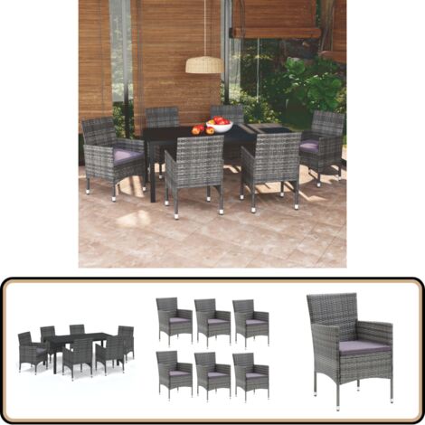 7-tlg. Garten-Essgruppe mit Kissen Poly Rattan Grau - Gartensessel - Gartenstuhl - Outdoor Möbel - Balkonmöbel - Terrassenmöbeln