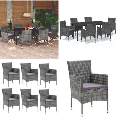 7-tlg. Garten-Essgruppe mit Kissen Poly Rattan Grau - Gartensessel - Gartenstuhl - Outdoor Möbel - Balkonmöbel - Terrassenmöbeln - Home & Living