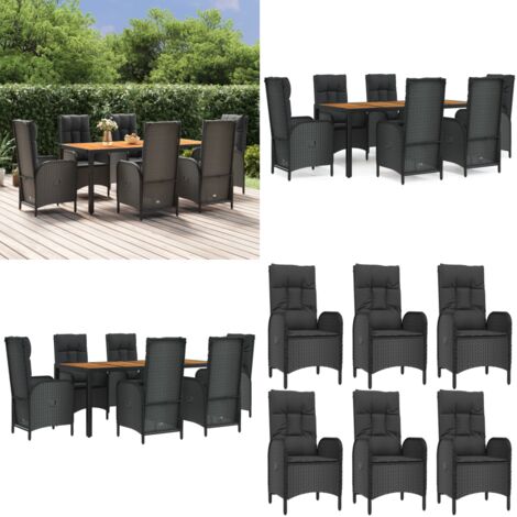 7-tlg. Garten-Essgruppe mit Kissen Schwarz Poly Rattan - Gartenessgruppe - Sitzkissen