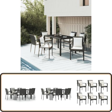 7-tlg. Garten-Essgruppe mit Kissen Schwarz Poly Rattan - Gartenmöbel - Essgruppe - Gartentisch - Gartenstühle - Outdoor Möbel