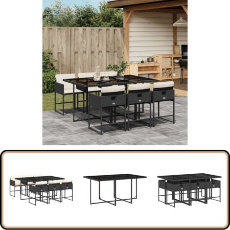 7-tlg. Garten-Essgruppe mit Kissen Schwarz Poly Rattan - Gartenmöbel Set - Esstisch - Gartenstühle - Outdoor Möbel - Balkonmöbel