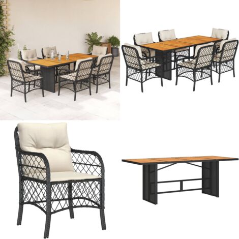 7-tlg. Garten-Essgruppe mit Kissen Schwarz Poly Rattan - Gartensessel - Gartenstuhl - Gartenmöbel Set - Outdoor Möbel - Rattan Gartenmöbel - Home & Living