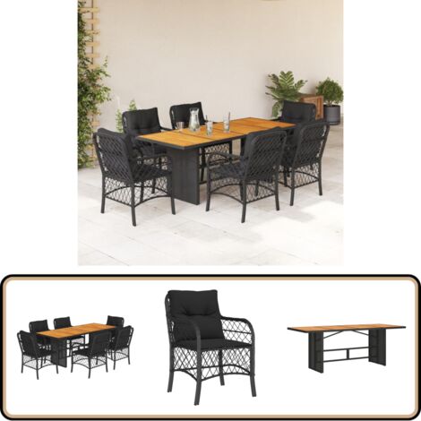 7-tlg. Garten-Essgruppe mit Kissen Schwarz Poly Rattan - Gartensessel - Gartenstuhl - Gartenmöbelset - Esstisch - Outdoor Möbel