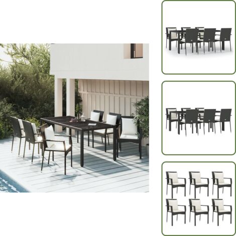 7-tlg. Garten-Essgruppe mit Kissen Schwarz Poly Rattan - Gartensessel - Gartentisch - Gartenmöbeln - Outdoor Möbel - Balkonmöbel