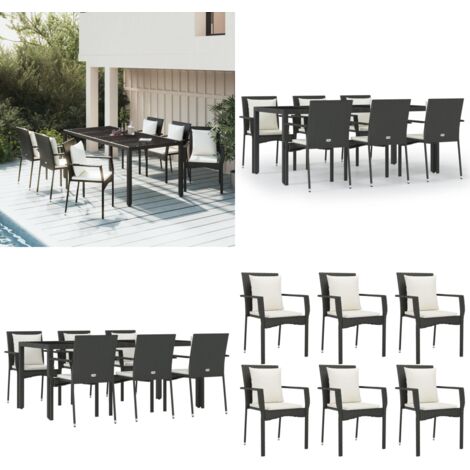 7-tlg. Garten-Essgruppe mit Kissen Schwarz Poly Rattan - Gartensessel - Gartentisch - Gartenmöbeln - Outdoor Möbel - Balkonmöbel - Home & Living