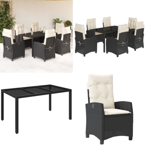 7-tlg. Garten-Essgruppe mit Kissen Schwarz Poly Rattan - Gartentisch - Gartenstuhl