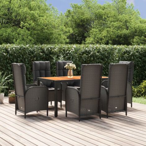 7-tlg. Garten-Essgruppe mit Kissen Schwarz Poly Rattan vidaXL
