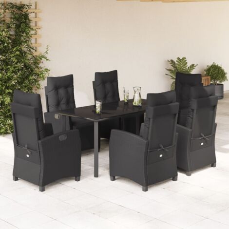 7-tlg. Garten-Essgruppe mit Kissen Schwarz Poly Rattan vidaXL