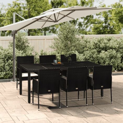7-tlg. Garten-Essgruppe mit Kissen Schwarz Poly Rattan vidaXL