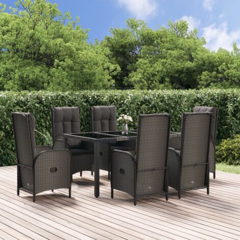 7-tlg. Garten-Essgruppe mit Kissen Schwarz und Grau Poly Rattan vidaXL