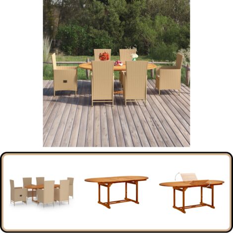 7-tlg. Garten-Essgruppe Poly Rattan Beige - Gartentisch - Essgruppe - Gartenmöbel - Outdoor Möbel - Holztisch