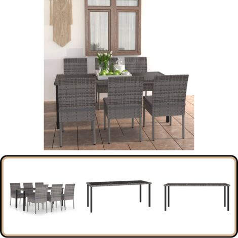 7-tlg. Garten-Essgruppe Poly Rattan Grau - Gartengruppe - Esstisch - Gartenmöbel - Outdoormöbel - Rattanmöbel
