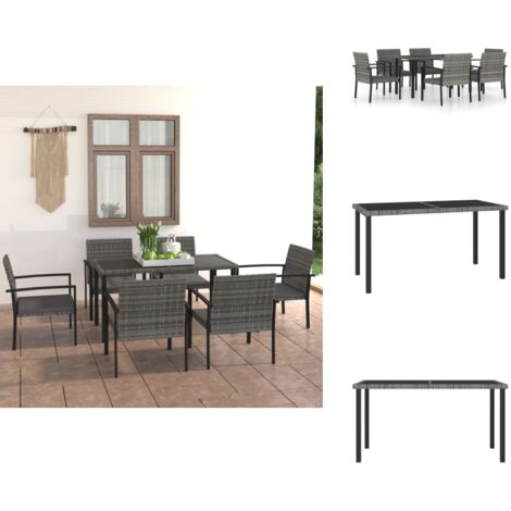 7-tlg. Garten-Essgruppe Poly Rattan Grau - Gartensessel - Esstisch - Gartenmöbelset - Outdoor-Möbel - Rattanmöbel