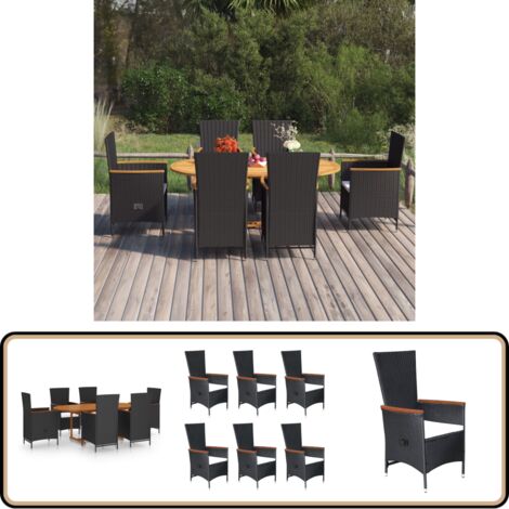 7-tlg. Garten-Essgruppe Poly Rattan Schwarz - Gartentisch - Essgruppe - Gartenmöbel - Outdoor Möbel - Holztisch