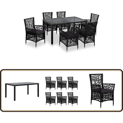 7-tlg. Garten-Essgruppe Poly Rattan Schwarz - Gartentisch - Esszimmergarnitur - Outdoor-Möbel - Gartenmöbel-Set - Polyrattan