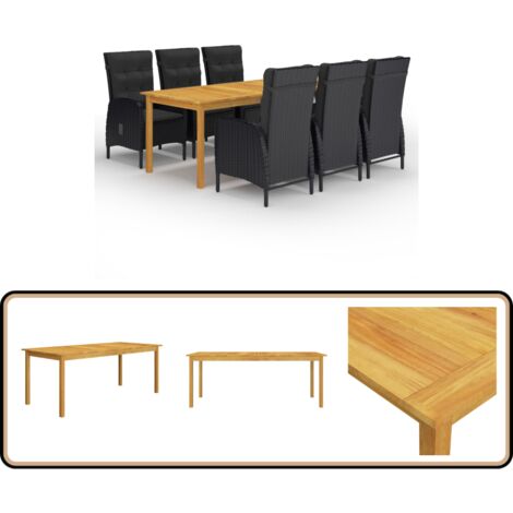 7-tlg. Garten-Essgruppe Schwarz - Gartenmöbel - Essgruppe - Holztisch - Rattan Stuhl - Outdoor Möbel