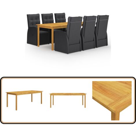 7-tlg. Garten-Essgruppe Schwarz - Gartenmöbelset - Essgruppe - Holztisch - Rattanstuhl - Outdoor Möbel